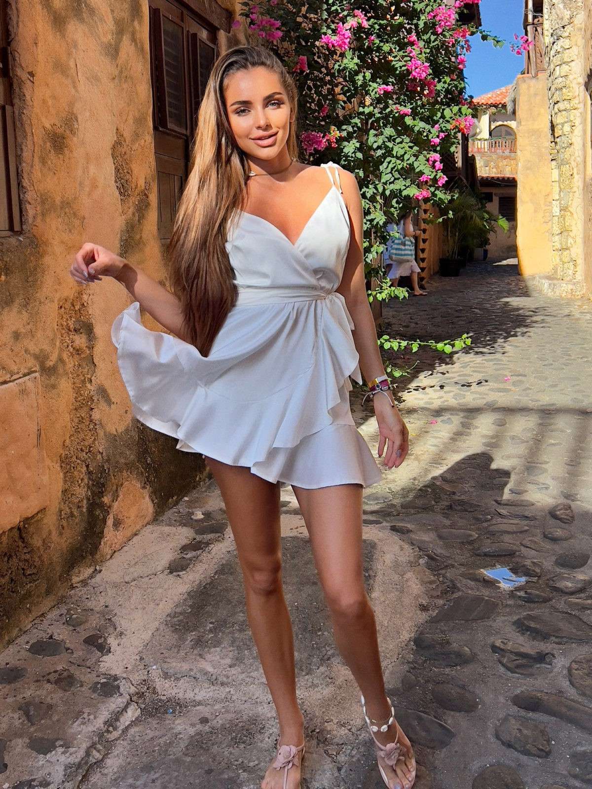 Ruffle yellow summer dress with asymmetrical hem